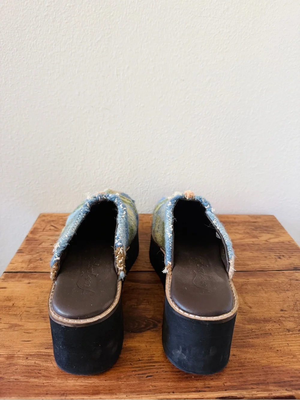 Free People Astrid Platform Mule in Blue Tweed Motif - Slides